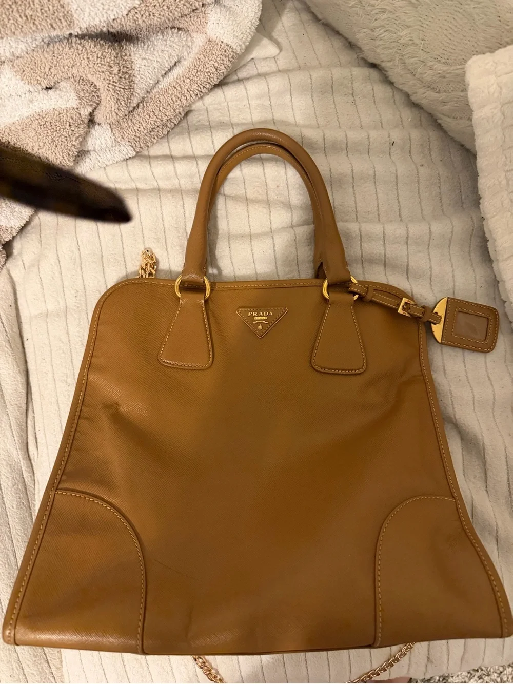 Prada Tan Leather Tote with Gold Chain Strap